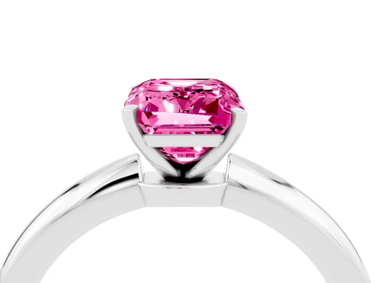 Emerald Cut Pink Sapphire Solitaire Ring with Six-Prong Setting and Classic Band Silver