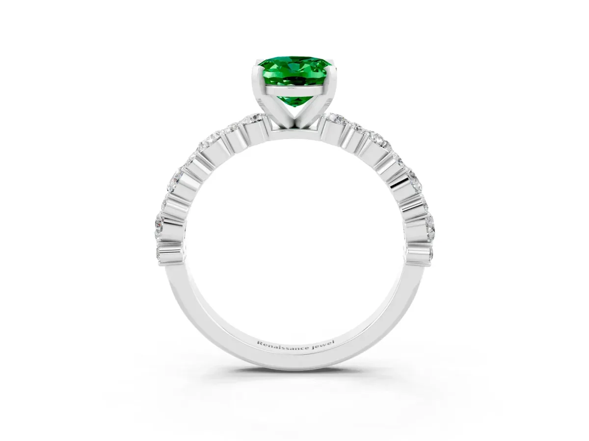 Oval Cut Emerald Side Stone Solitaire Ring with Round and Four-Prong Setting Platinum