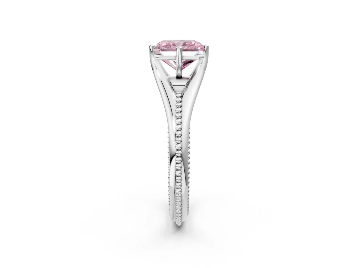 Fancy Pink Radiant Cut Solitaire Beaded Band Six-Prong Setting Platinum