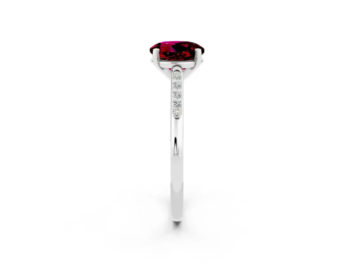Round Cut Garnet Solitaire Ring with Channel Set Round Band and Prong Setting Platinum