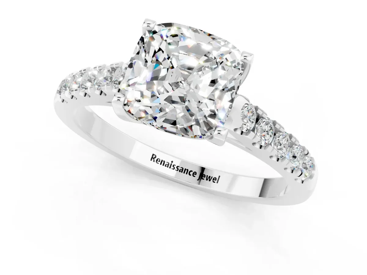 Cushion Cut Moissanite Pavé Band Solitaire Ring with Prong Setting Platinum