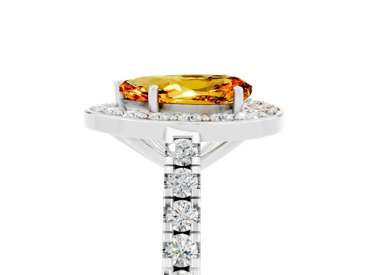Pear Cut Citrine Halo Ring with Round Pavé Split Shank and Prong Setting Platinum