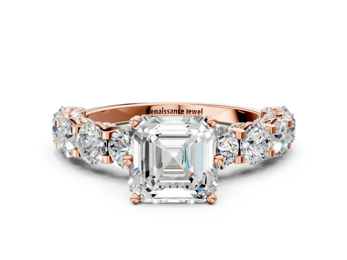 Asscher Cut Diamond Side Stone Engagement Ring with Four-Prong Setting Rose gold