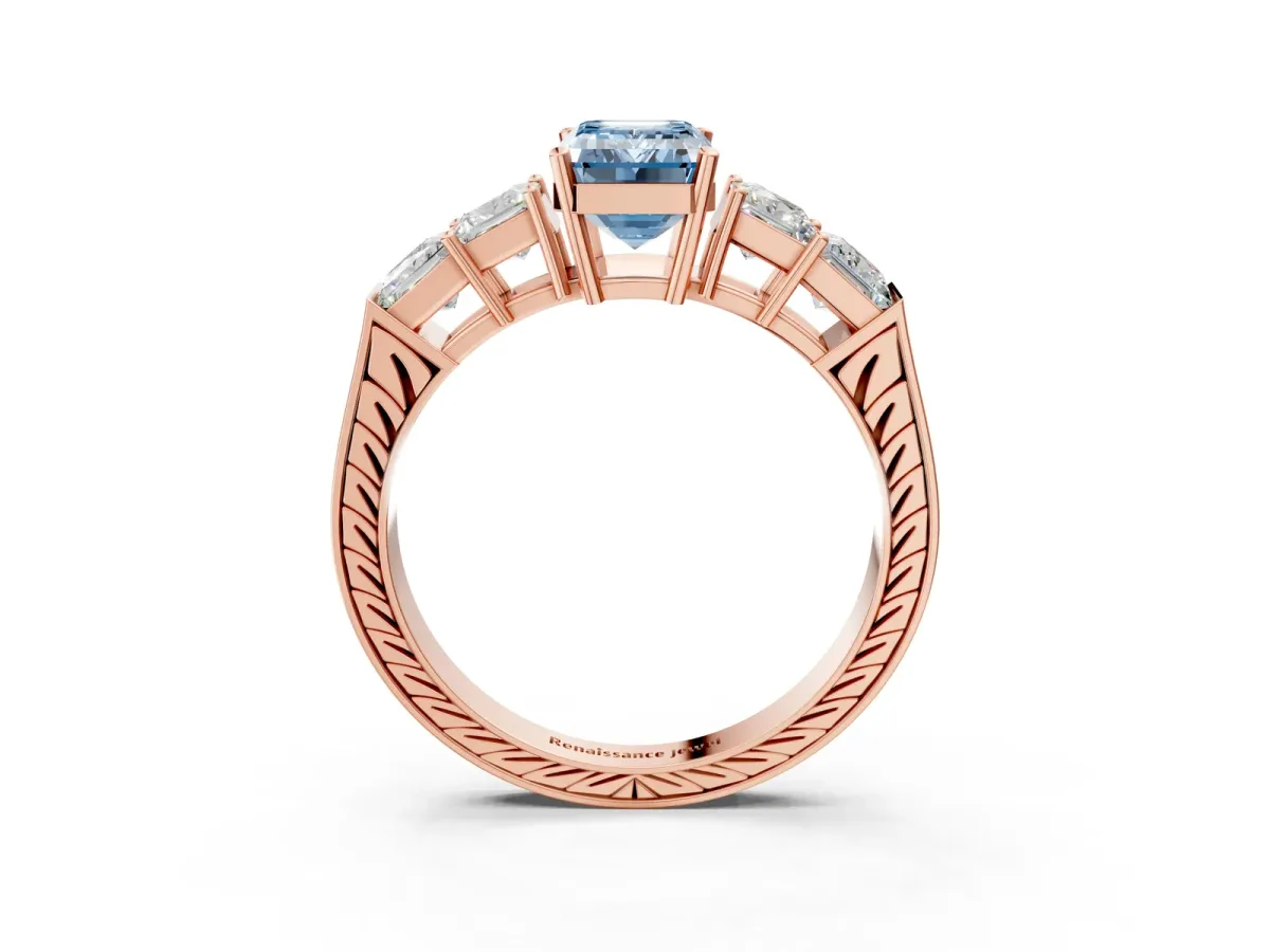 Fancy Blue Emerald Cut Solitaire Princess Side Stone Engraved Band Prong Setting Ring Rose gold