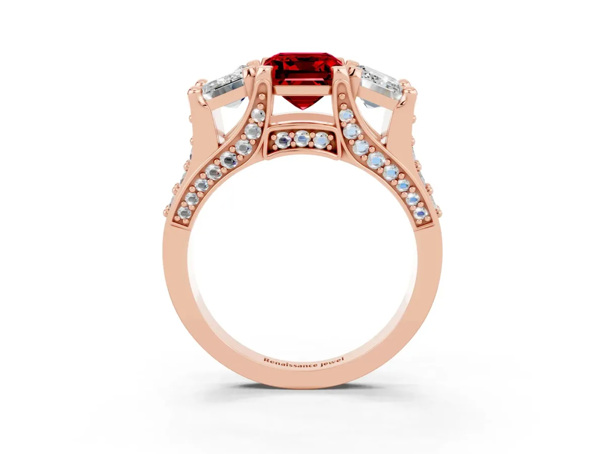 Emerald Cut Ruby Three-Stone Ring with Channel Set Band and Four-Prong Setting Rose gold
