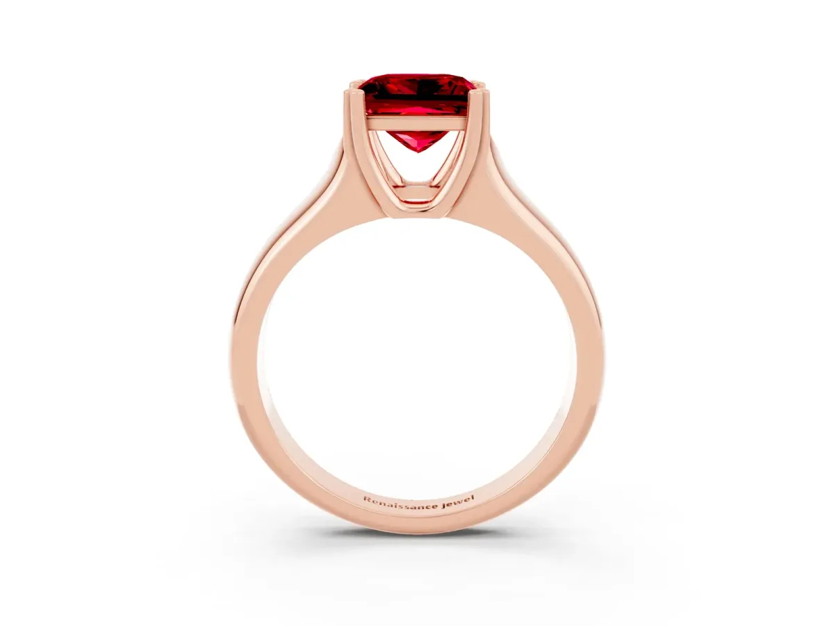 Princess Cut Ruby Solitaire Ring with Wide Band and Prong Setting Rose gold