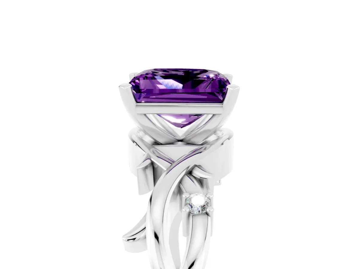 Princess Cut Amethyst Solitaire Ring with Twisted Band and Prong Setting Silver