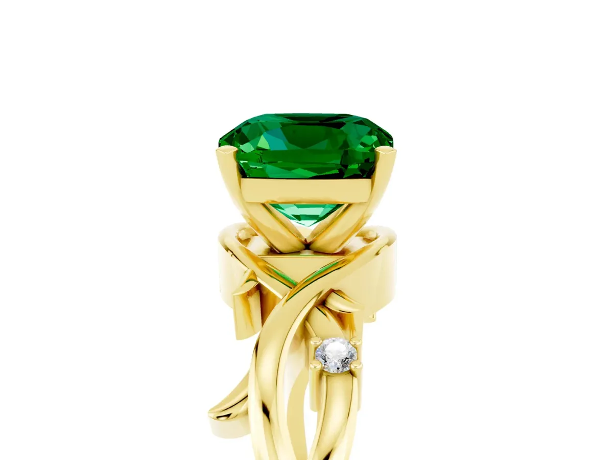 Cushion Cut Emerald Solitaire Ring with Twisted Band and Prong Setting Yellow gold