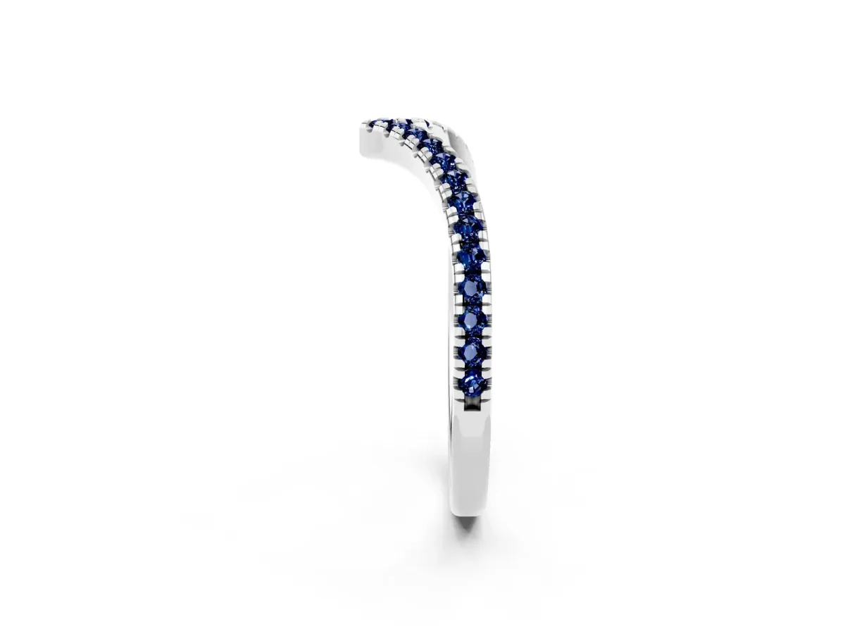Pavé Round Blue Sapphire V-Shaped Chevron Band with Shared Prong Setting Silver