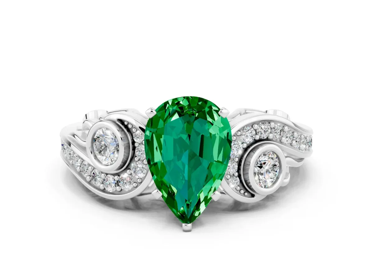 Pear Cut Emerald Solitaire Ring with Milgrain Pavé Band and Four-Prong Setting Silver