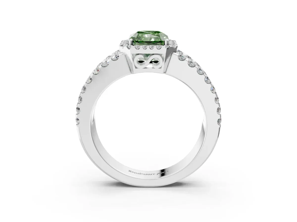 Fancy Green Radiant Cut Cut Halo Split Shank Diamond Ring with Four-Prong Setting Platinum