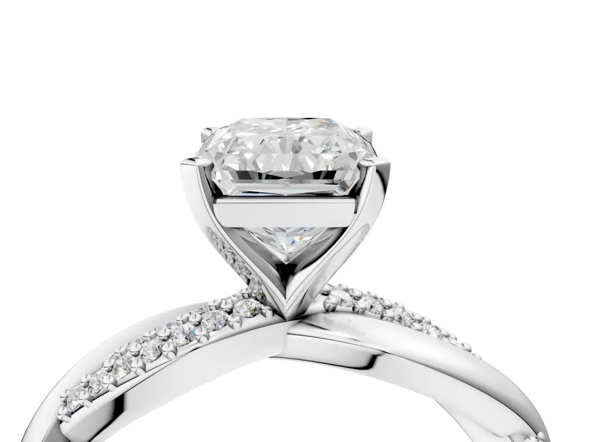 Radiant Cut Solitaire Twist Band with Pave Prong Setting Platinum