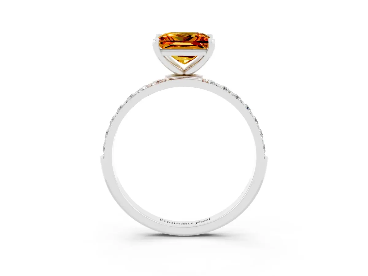 Princess Cut Citrine Solitaire Ring with Round Pavé Band and Prong Setting Silver