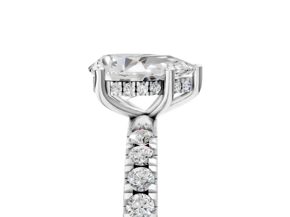 Pear Cut Diamond Pave Band Solitaire Ring with Round and Prong Setting Platinum