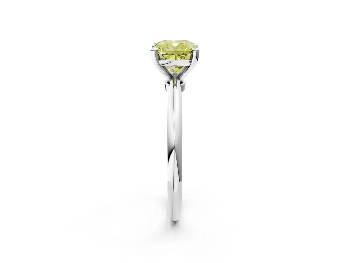 Fancy Yellow Cushion Cut Diamond Solitaire Ring with Six-Prong Setting and Classic Band Silver