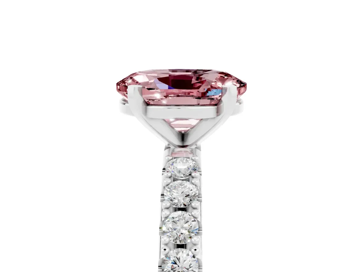 Oval Cut Morganite Solitaire Pavé Band with Four-Prong Setting Silver