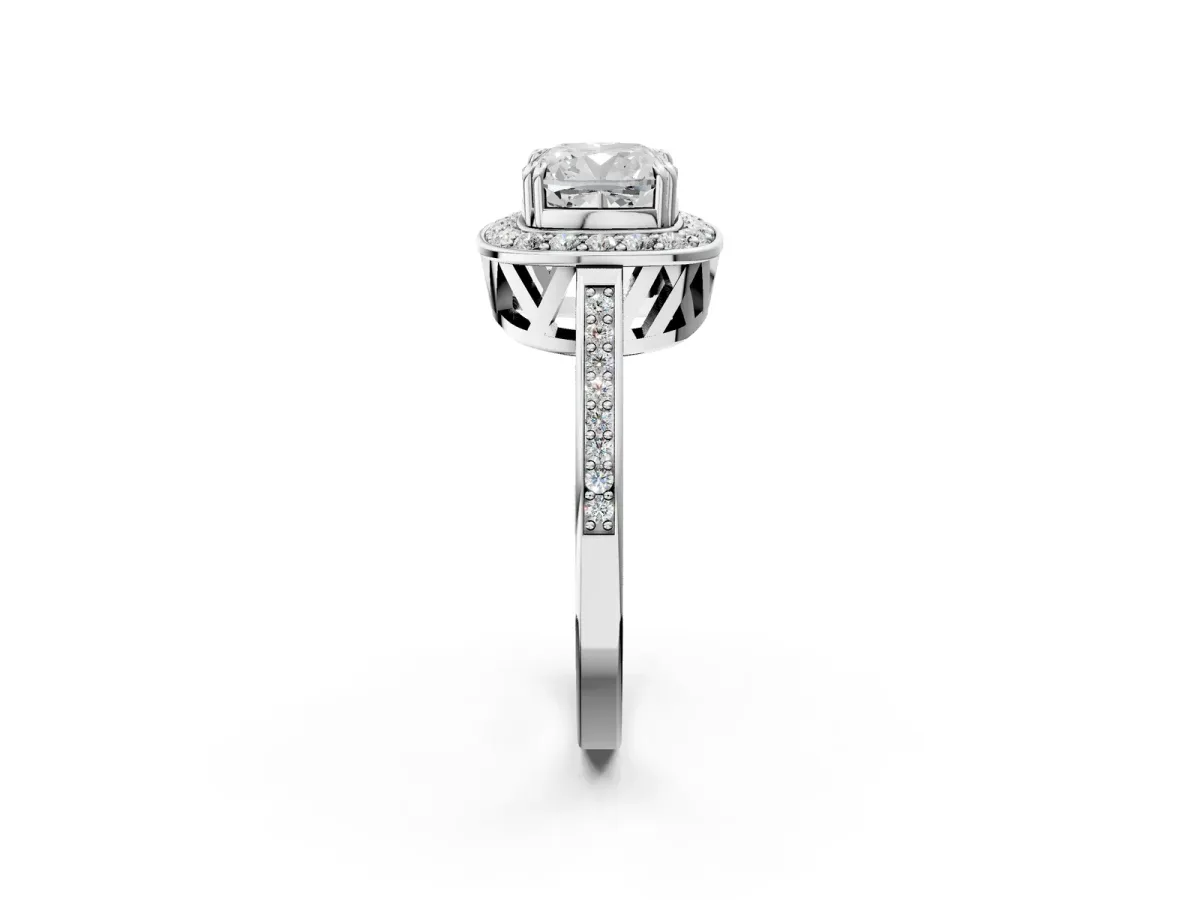 Cushion Cut Diamond Halo Ring with Split Shank and Four-Prong Setting White gold