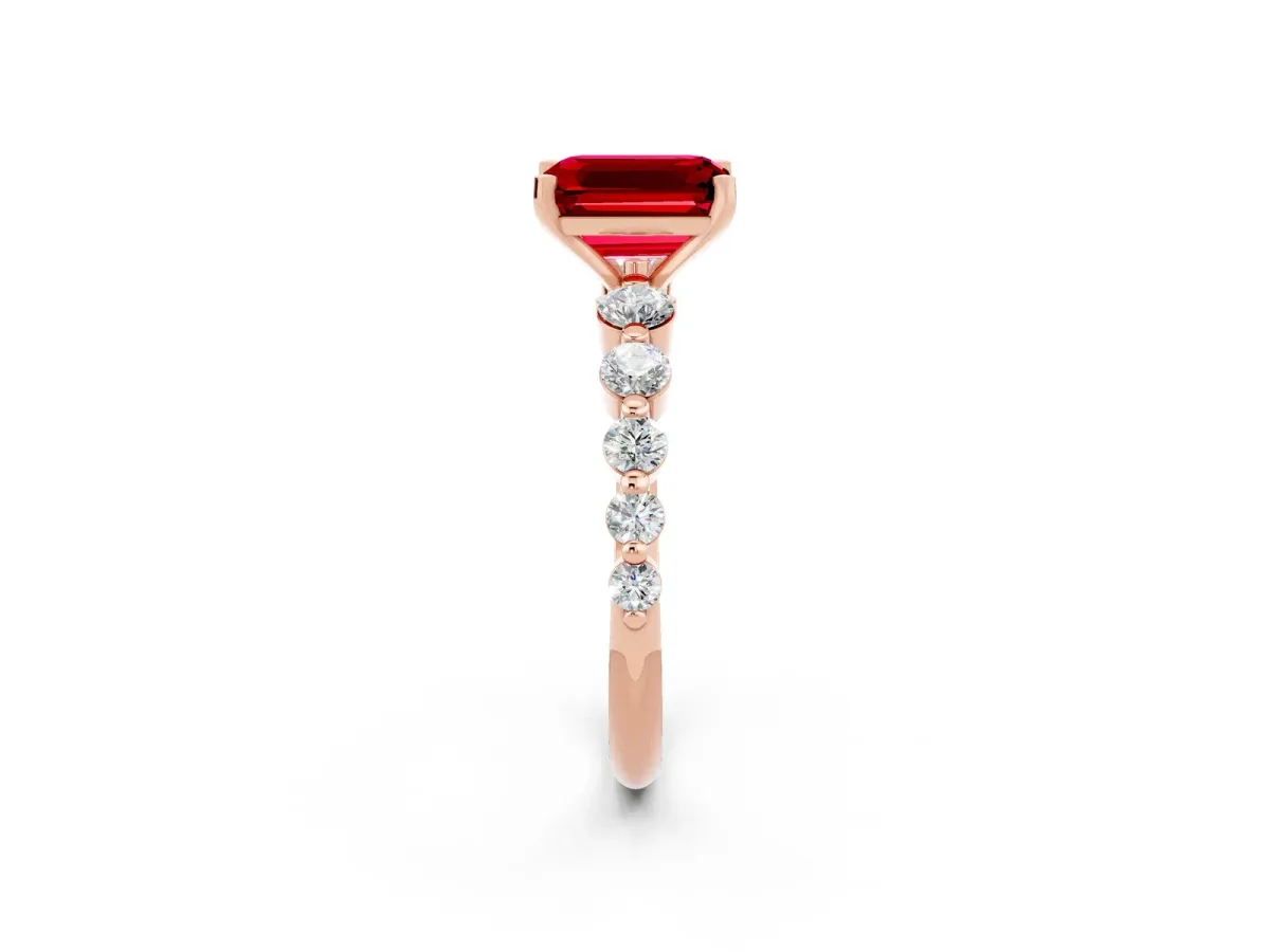 Emerald Cut Solitaire Ruby Ring with Pave Band and Four-Prong Setting Rose gold