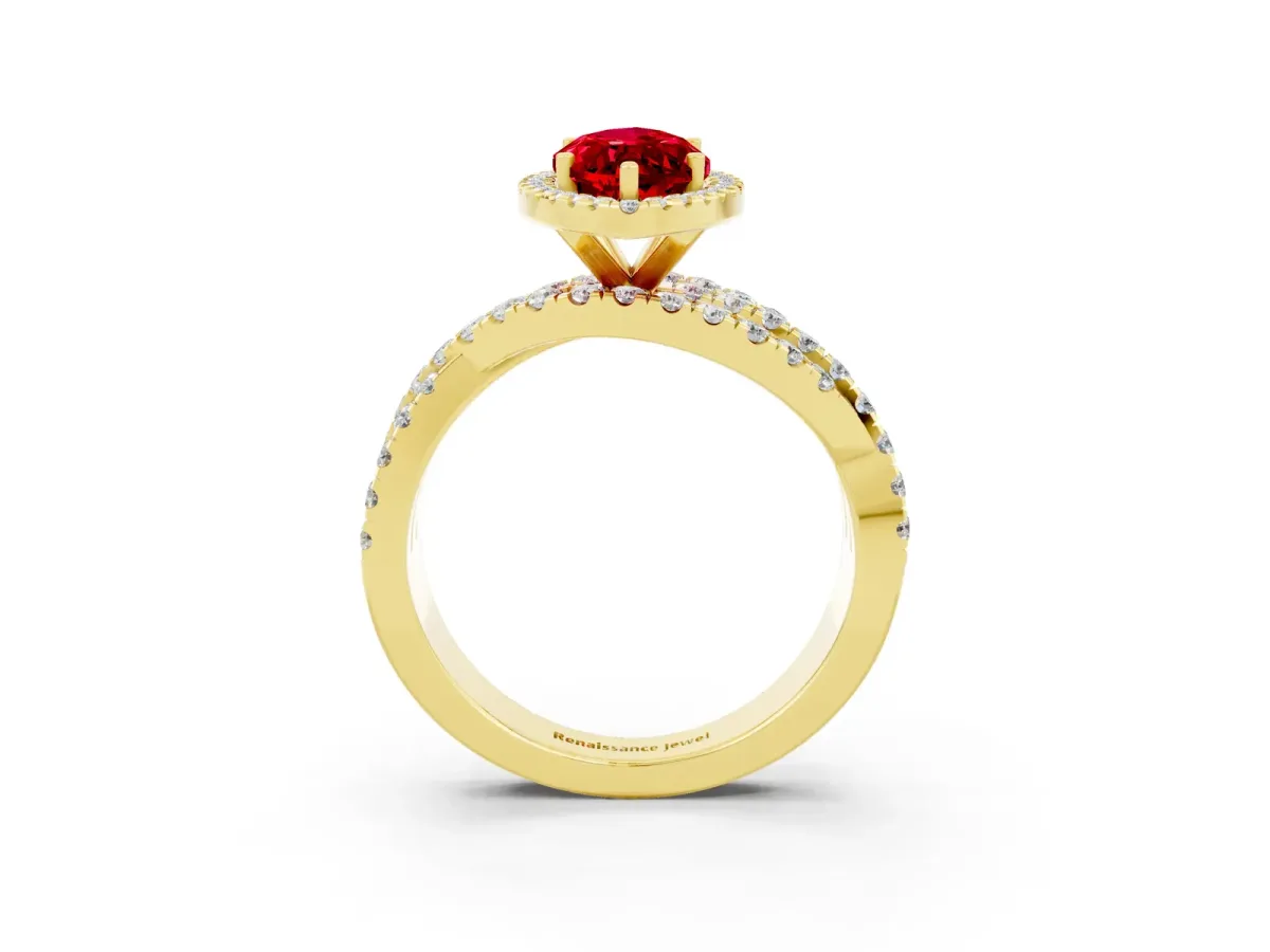 Marquise Cut Ruby Halo Ring with Round Split Shank and Prong Setting Yellow gold