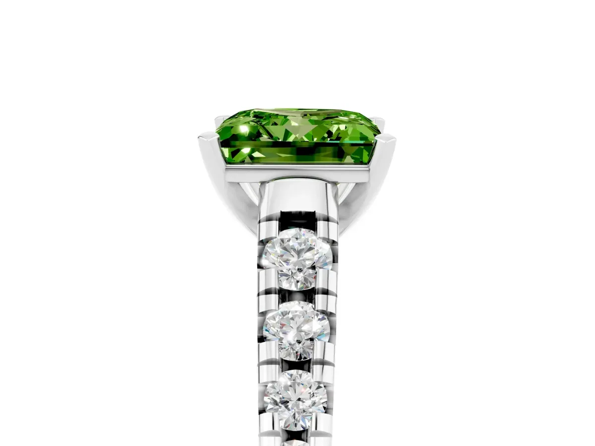 Princess Cut Peridot Cathedral Solitaire Ring with Round Pavé Band Platinum