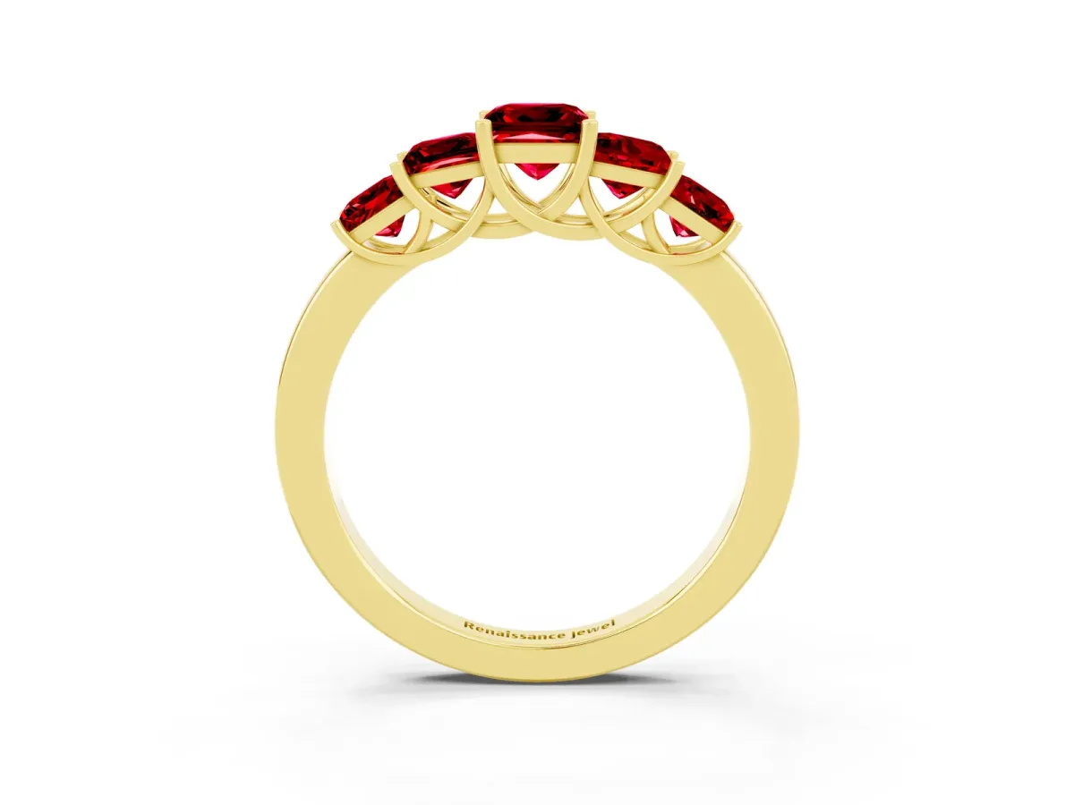 Princess Cut Five-Stone Ruby Ring with Classic Prong Setting Yellow gold