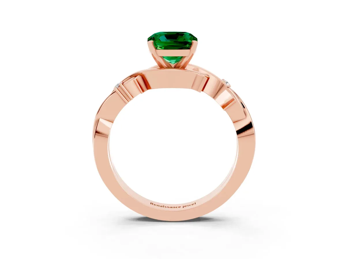 Cushion Cut Emerald Solitaire Ring with Twisted Band and Prong Setting Rose gold