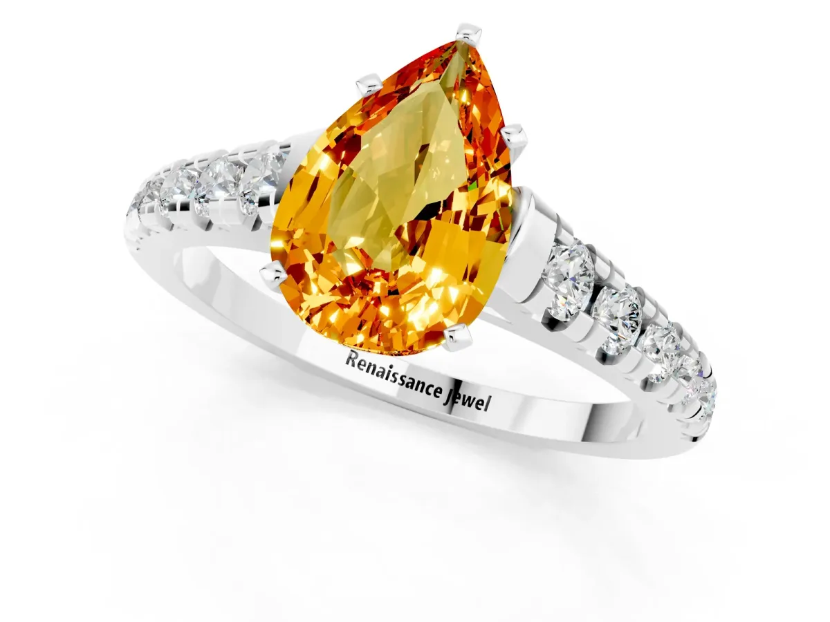 Pear Cut Citrine Cathedral Solitaire Ring with Round Pavé Band Platinum