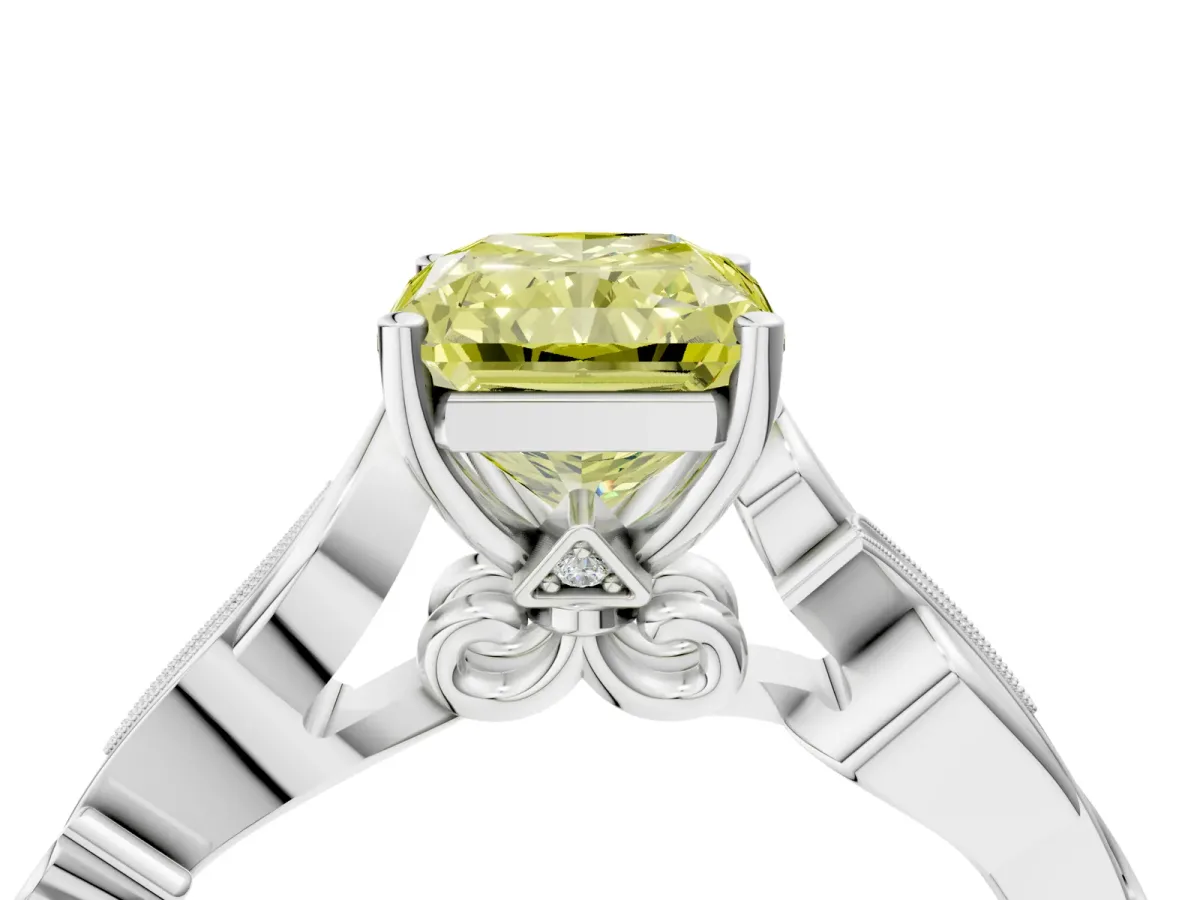 Fancy Yellow Radiant Cut Solitaire Vine Band with Milgrain Prong Setting Platinum