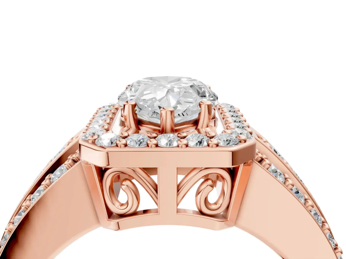 Pear Cut Halo Diamond Ring with Round Split Shank and Prong Setting Rose gold