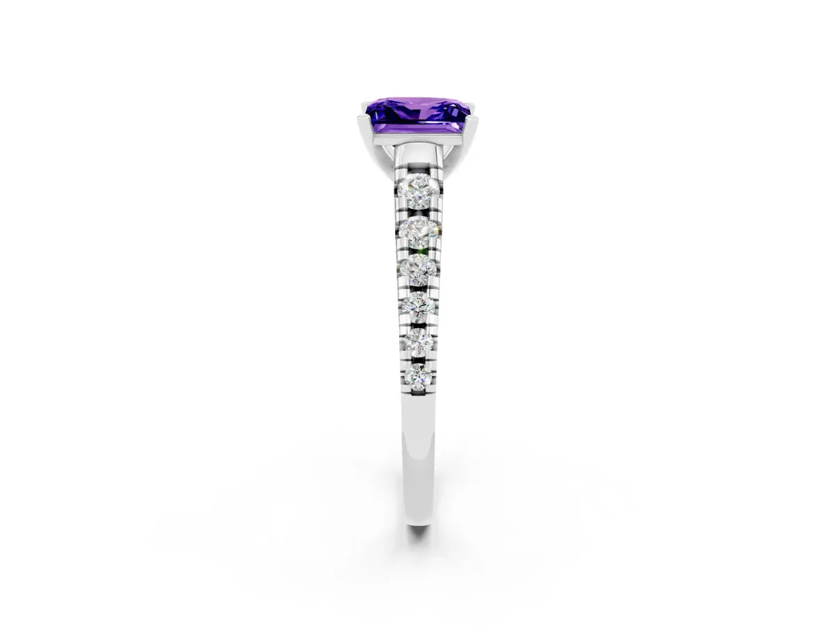 Princess Cut Tanzanite Cathedral Solitaire Ring with Round Pavé Band Silver