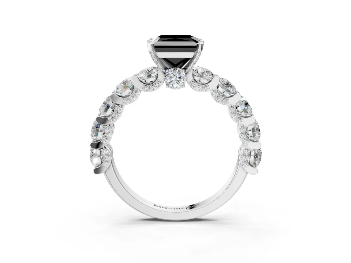 Fancy Black Princess Cut Diamond Side Stone Engagement Ring with Four-Prong Setting White gold