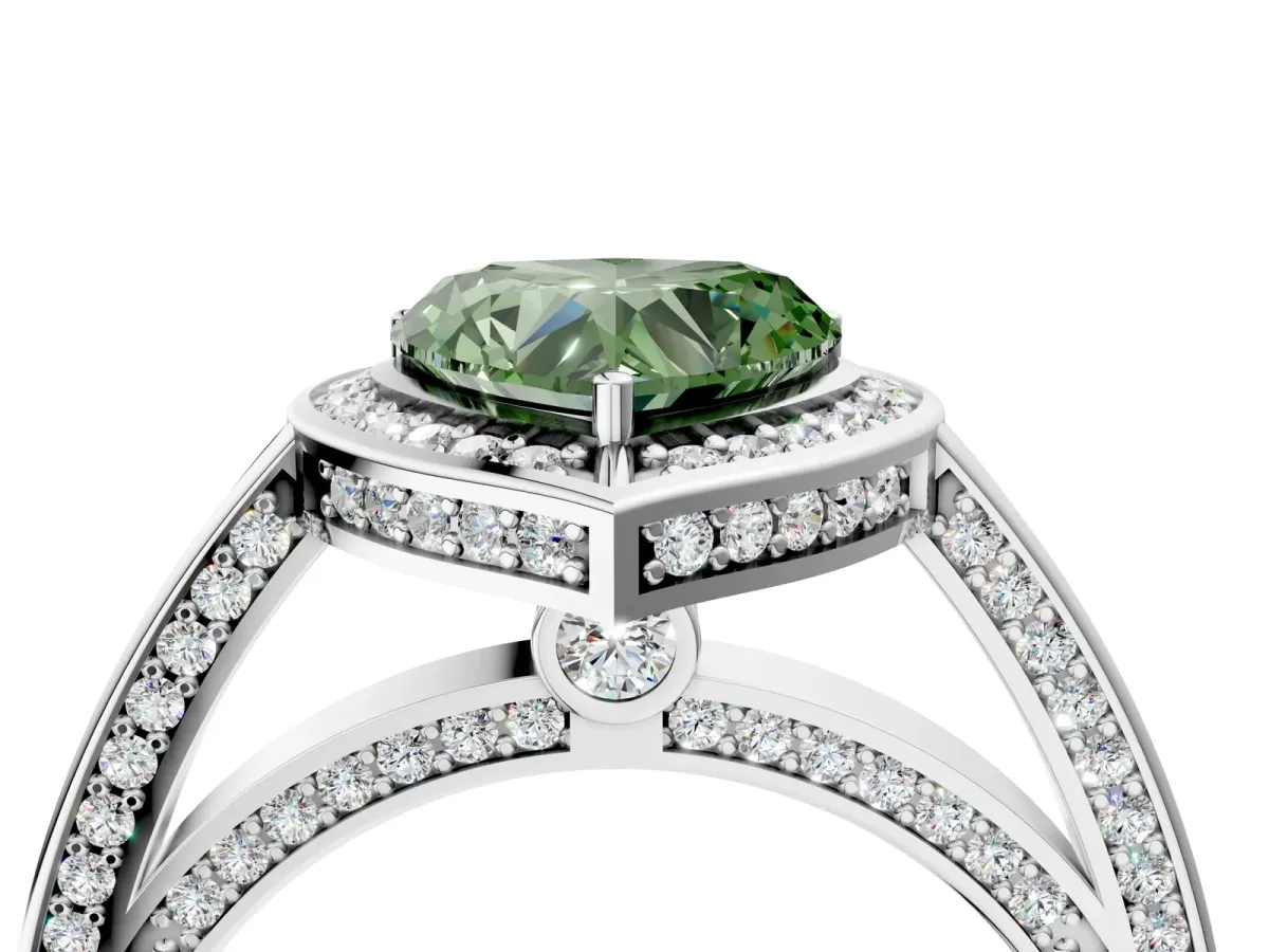 Fancy Green Heart Cut Cut Halo Pave Split Shank Prong Setting Ring Platinum