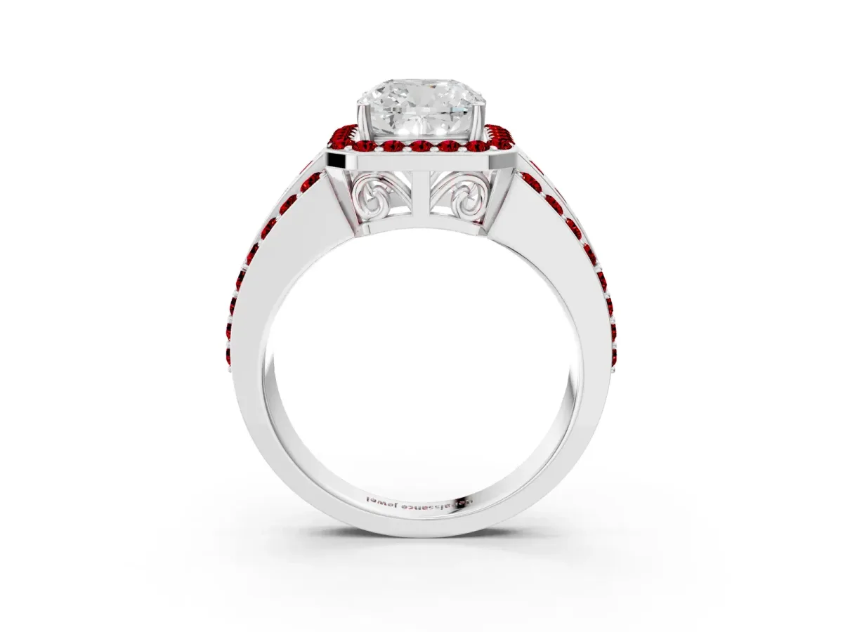 Cushion Cut Halo Diamond Ring with Round Ruby Split Shank and Prong Setting Platinum