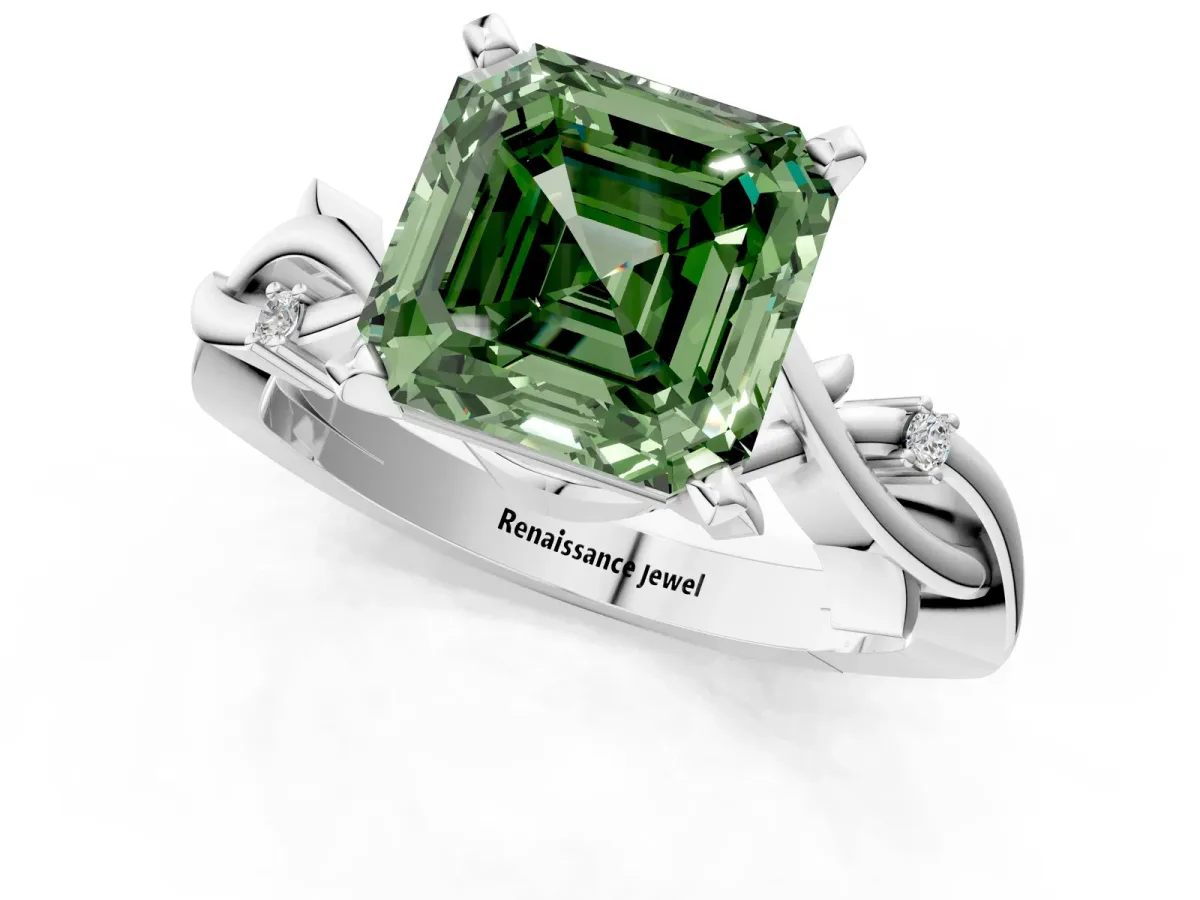 Fancy Green Asscher Cut Diamond Solitaire Ring with Twisted Band and Prong Setting Silver