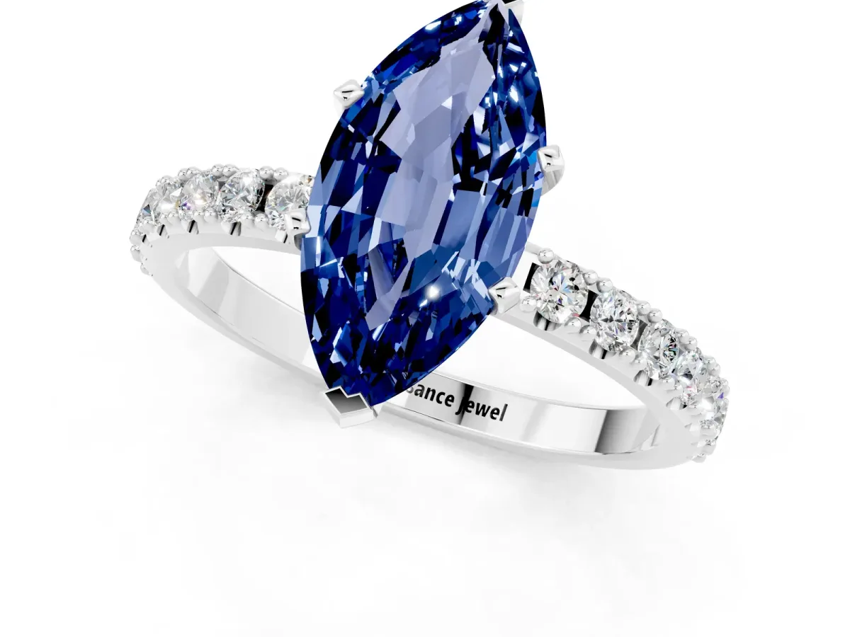 Marquise Cut Blue Sapphire Solitaire Pavé Band with Four-Prong Setting Silver
