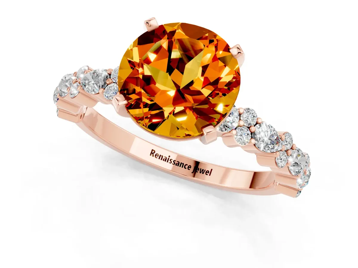 Round Cut Citrine Side Stone Solitaire Ring with Round and Four-Prong Setting Rose gold