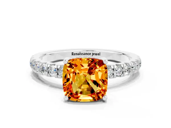 Cushion Cut Citrine Pave Band Solitaire Ring with Round and Prong Setting Platinum