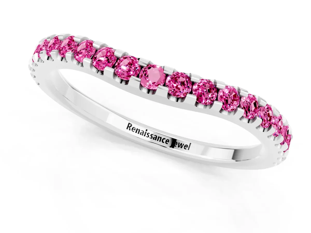 Round Pink Sapphire Pavé Curved Wedding Band Silver