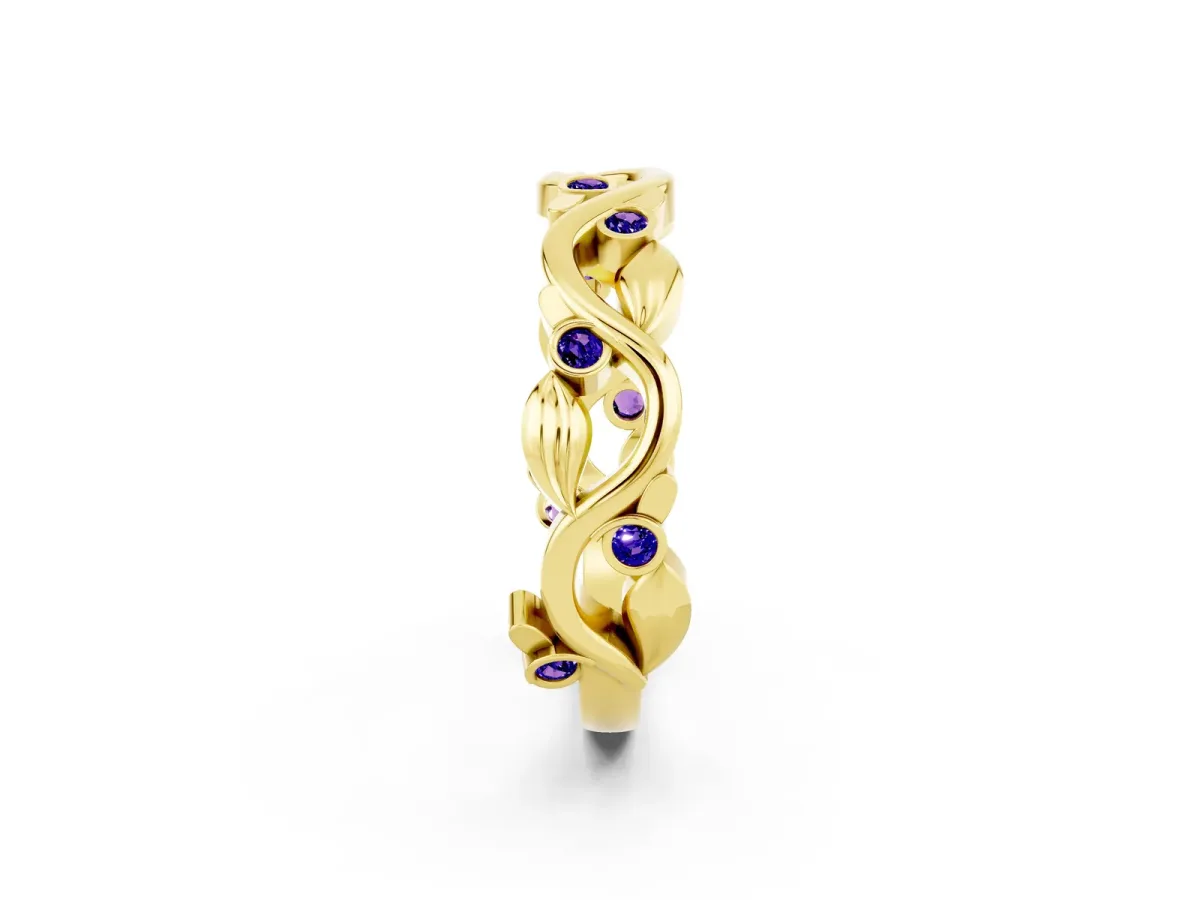 Round Tanzanite Leaf Eternity Band with Bezel Setting Yellow gold