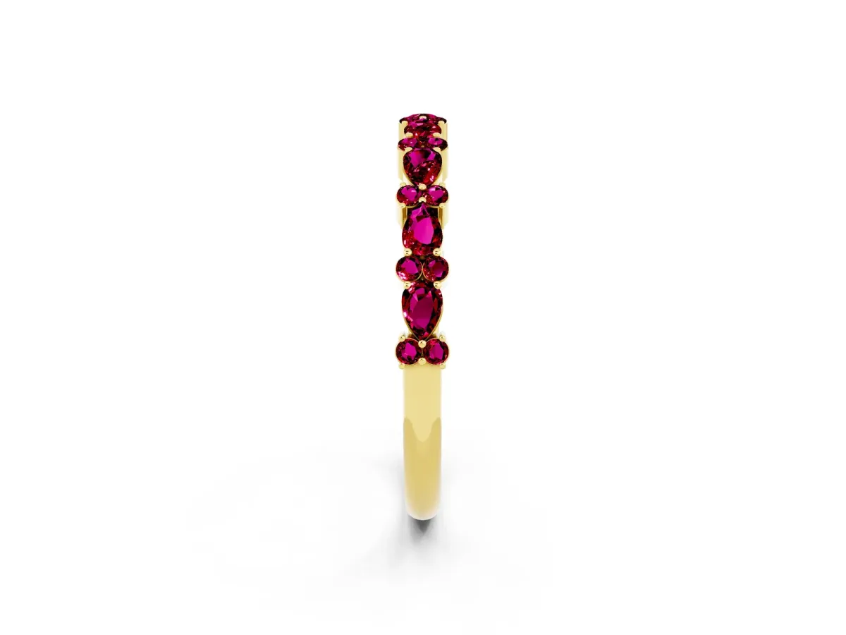 Pear and Round Garnet Wedding Band Yellow gold