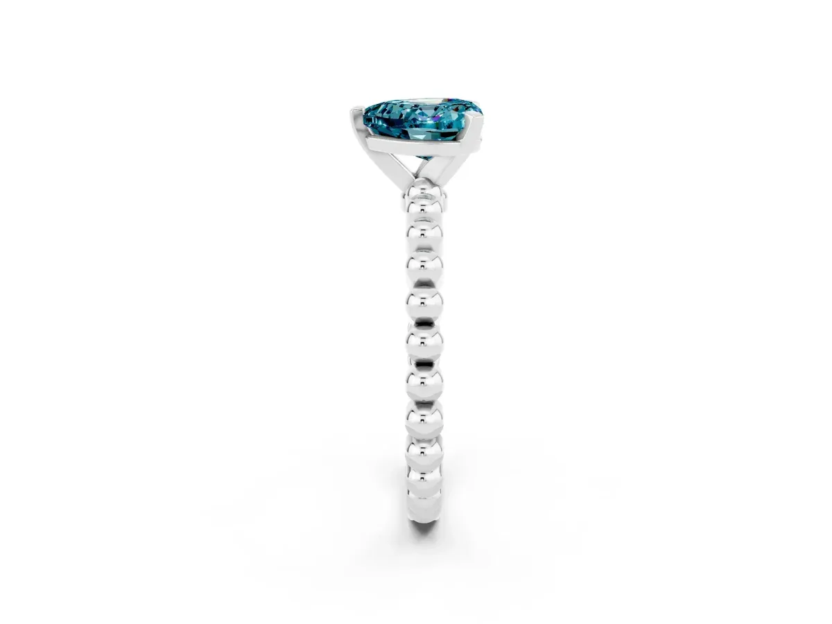 Heart Cut Blue Topaz Solitaire Ring with Beaded Band and Prong Setting Silver