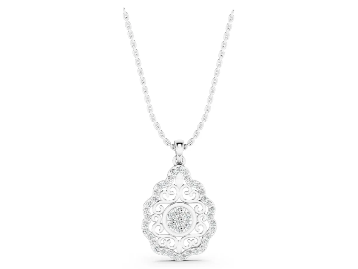 Round Diamond Halo Pendant with Filigree Design Silver