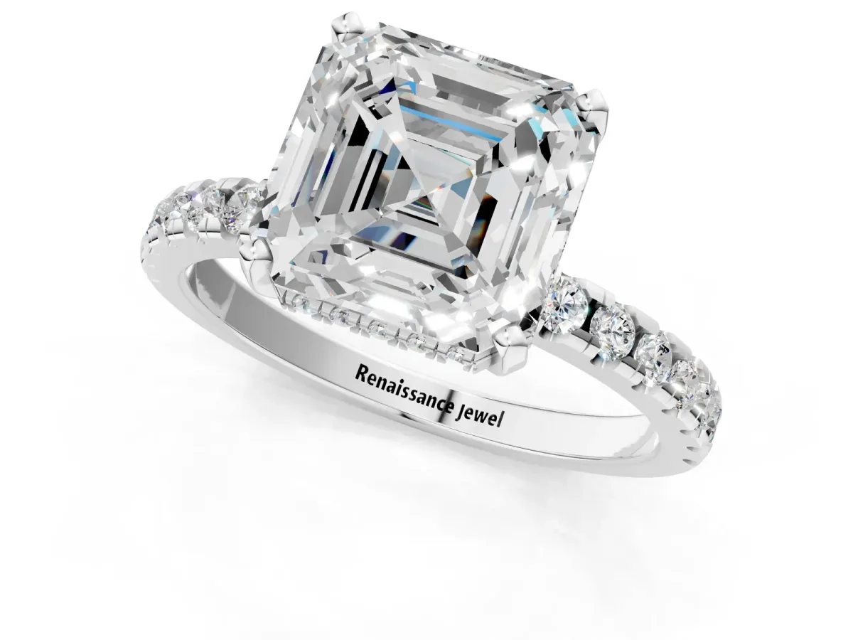 Asscher Cut Diamond Solitaire Ring with Round Pavé Band and Four-Prong Setting Silver