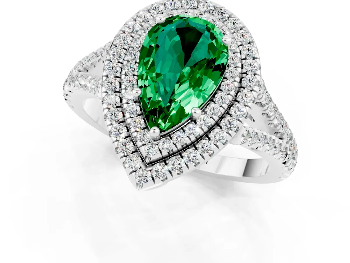 Pear Cut Emerald Double Halo Ring with Pavé Band and Prong Setting Silver