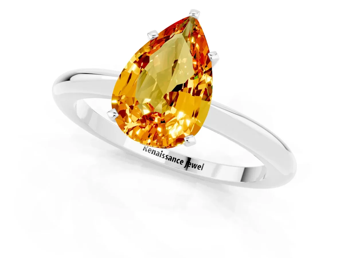 Pear Cut Citrine Solitaire Ring with Six-Prong Setting and Classic Band Platinum