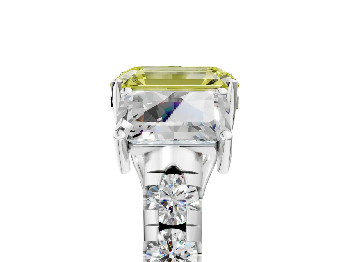 Fancy Yellow Three-Stone Emerald Cut Diamond Pavé Band with Prong Setting Platinum