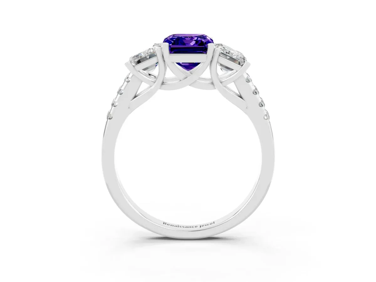 Three-Stone Emerald Cut Tanzanite Ring with Round Pavé Band and Prong Setting Platinum