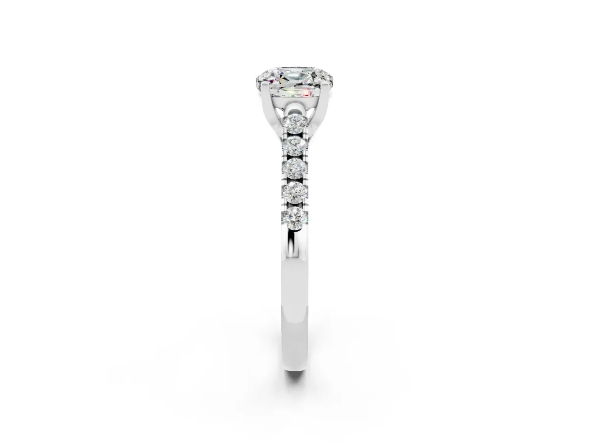 Cushion Cut Moissanite Pavé Band Solitaire Ring with Prong Setting Platinum