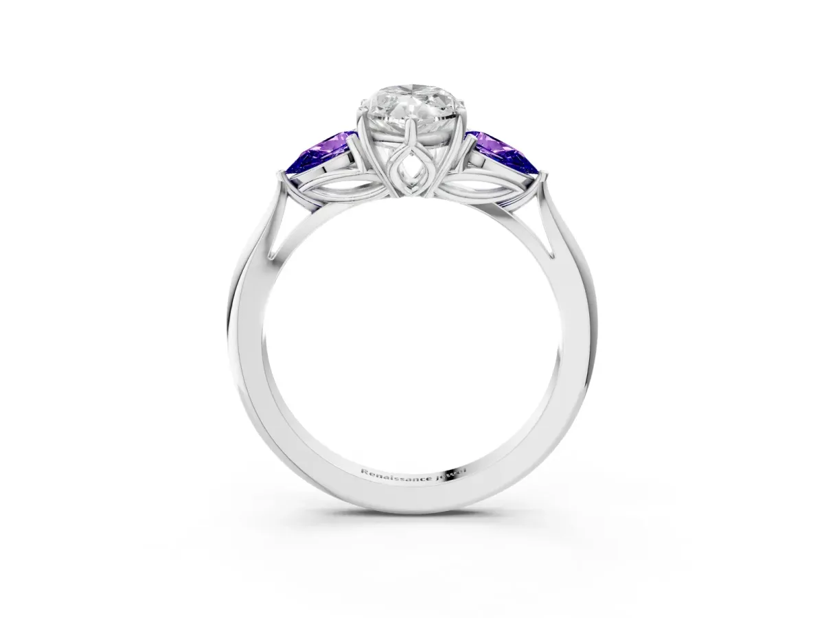 Marquise Cut Diamond Three-Stone Ring with Pear Tanzanite Side Stones and Prong Setting Silver