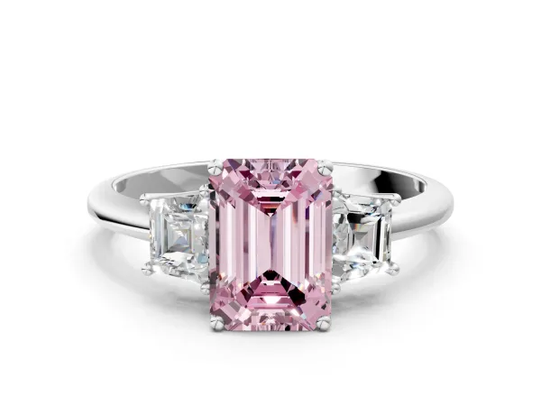 Fancy Pink Emerald Cut Diamond Three-Stone Ring with Trapezoid Side Stones and Prong Setting Platinum